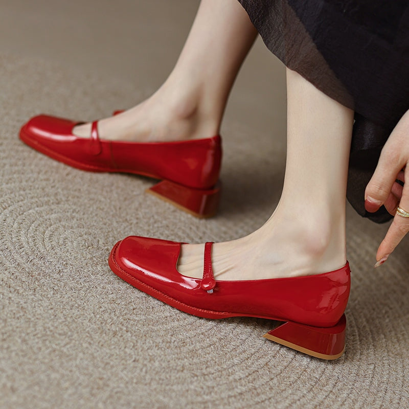 Handmade Patent Leather Mary Jane Pumps Block Heel Office Shoes in Red/Black