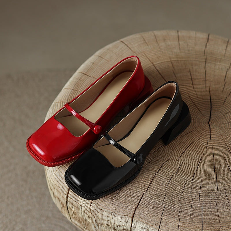 Handmade Patent Leather Mary Jane Pumps Block Heel Office Shoes in Red/Black