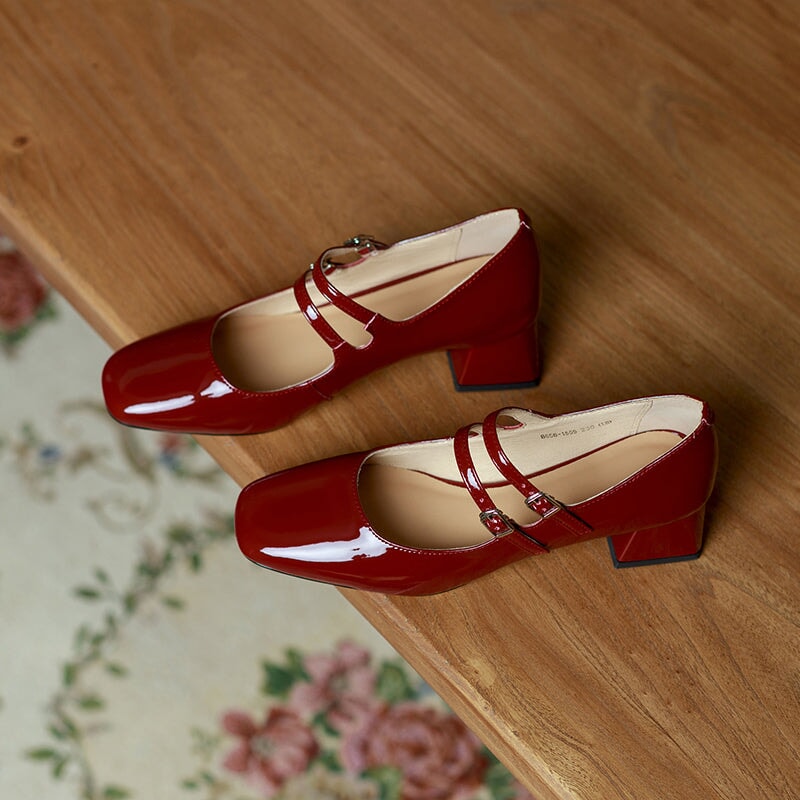 Handmade Patent Leather Mary Jane Pumps Double Strap Dress Shoes for Women in Silver/Wine Red/Gold