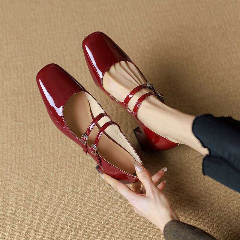 Handmade Patent Leather Mary Jane Pumps Double Strap Dress Shoes for Women in Silver/Wine Red/Gold
