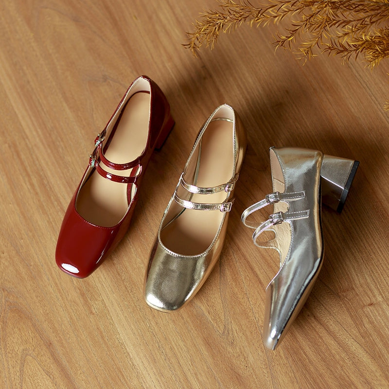 Handmade Patent Leather Mary Jane Pumps Double Strap Dress Shoes for Women in Silver/Wine Red/Gold