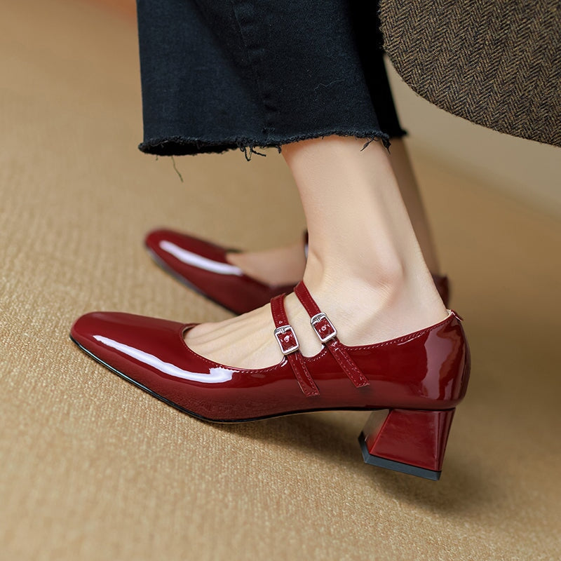 Handmade Patent Leather Mary Jane Pumps Double Strap Dress Shoes for Women in Silver/Wine Red/Gold