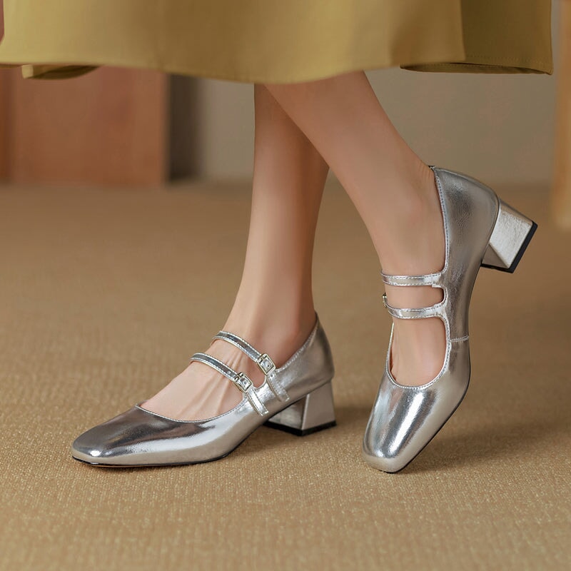 Handmade Patent Leather Mary Jane Pumps Double Strap Dress Shoes for Women in Silver/Wine Red/Gold