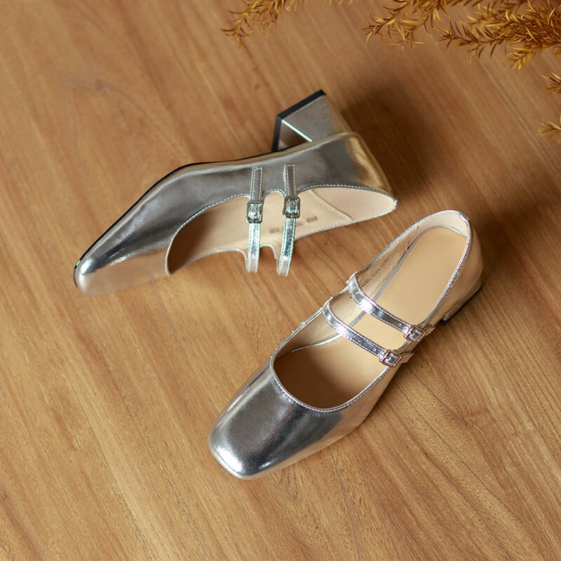Handmade Patent Leather Mary Jane Pumps Double Strap Dress Shoes for Women in Silver/Wine Red/Gold
