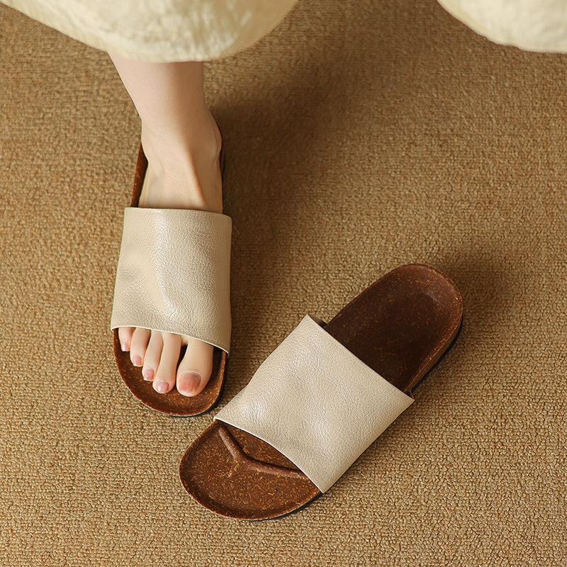 Handmade Peep Toe Flat Shoes Soft Sheepskin Casual Slippers in Black/Apricot/Beige