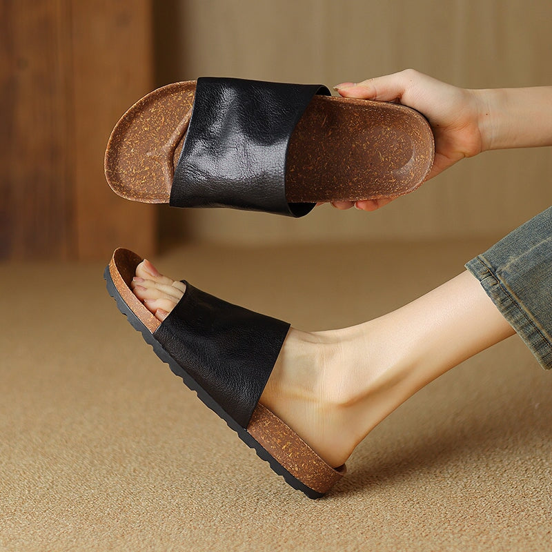 Handmade Peep Toe Flat Shoes Soft Sheepskin Casual Slippers in Black/Apricot/Beige