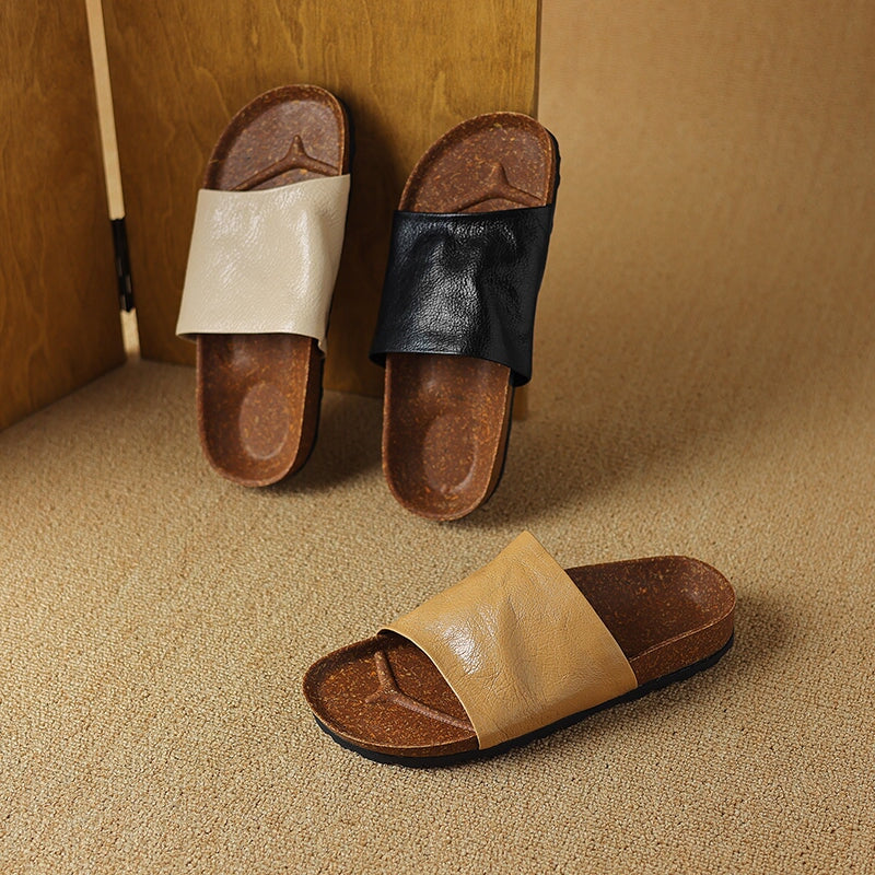 Handmade Peep Toe Flat Shoes Soft Sheepskin Casual Slippers in Black/Apricot/Beige