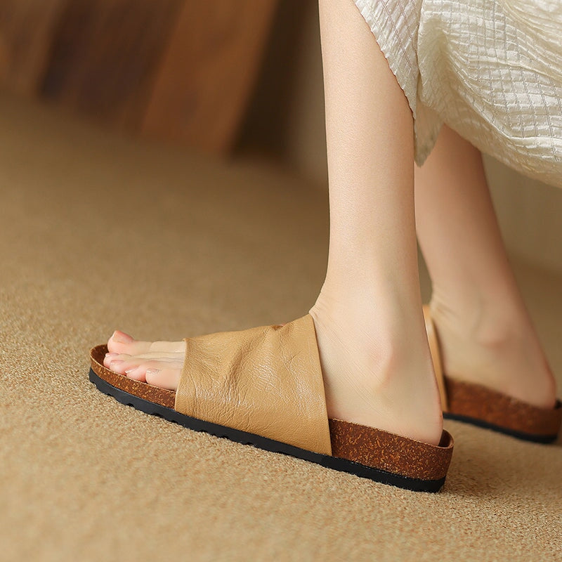 Handmade Peep Toe Flat Shoes Soft Sheepskin Casual Slippers in Black/Apricot/Beige
