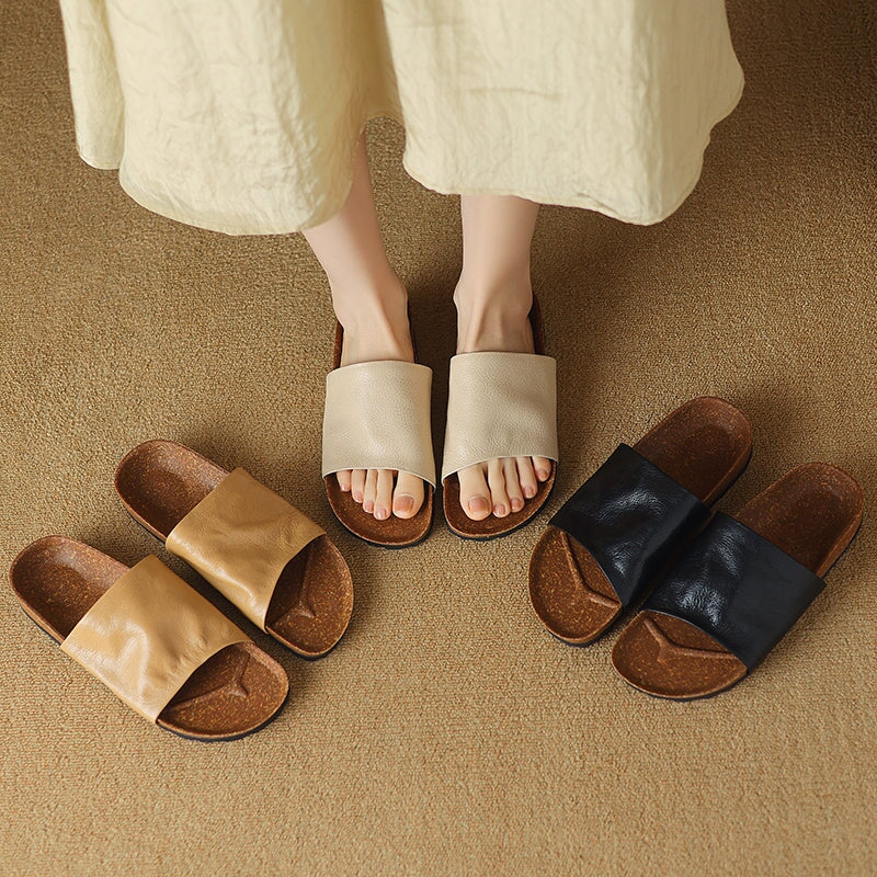 Handmade Peep Toe Flat Shoes Soft Sheepskin Casual Slippers in Black/Apricot/Beige