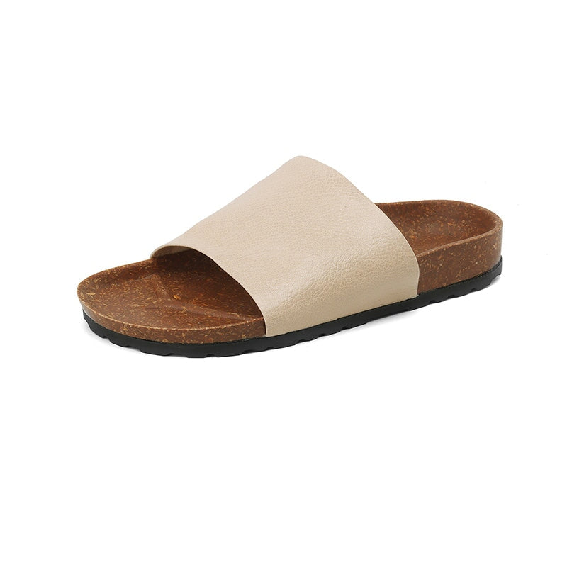Handmade Peep Toe Flat Shoes Soft Sheepskin Casual Slippers in Black/Apricot/Beige