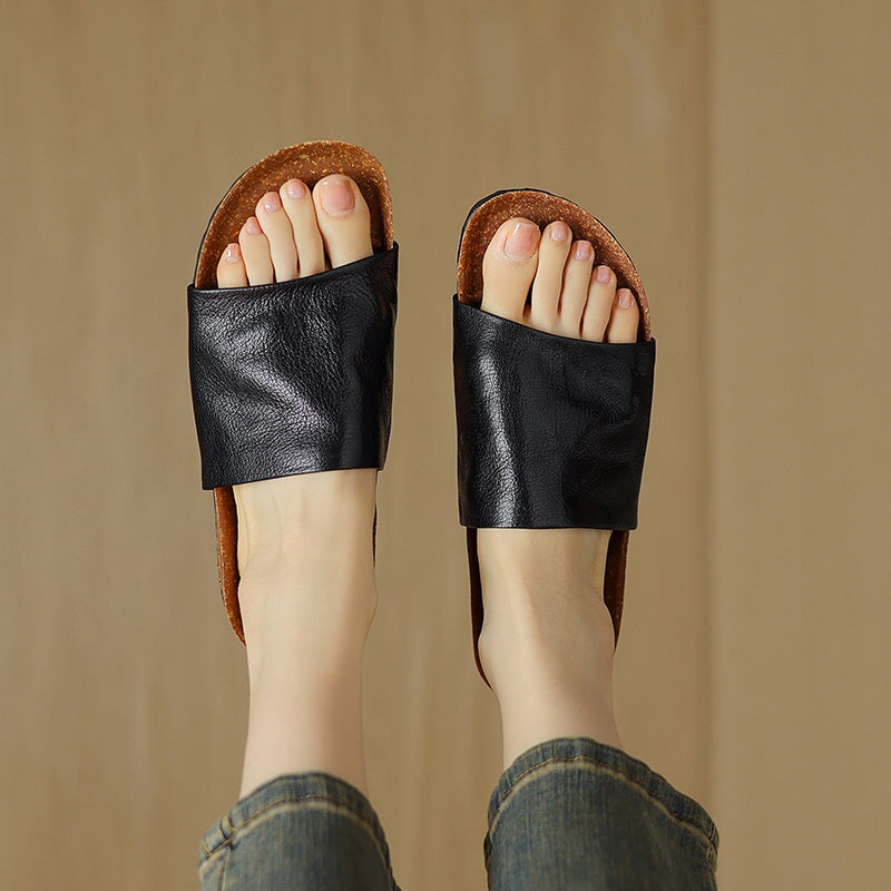 Handmade Peep Toe Flat Shoes Soft Sheepskin Casual Slippers in Black/Apricot/Beige
