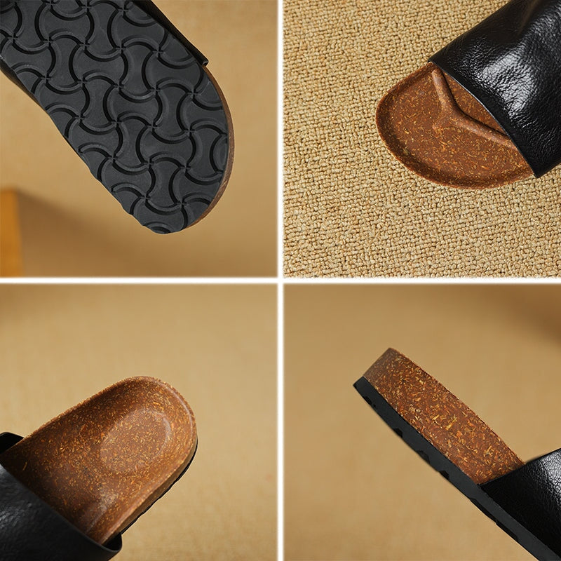 Handmade Peep Toe Flat Shoes Soft Sheepskin Casual Slippers in Black/Apricot/Beige