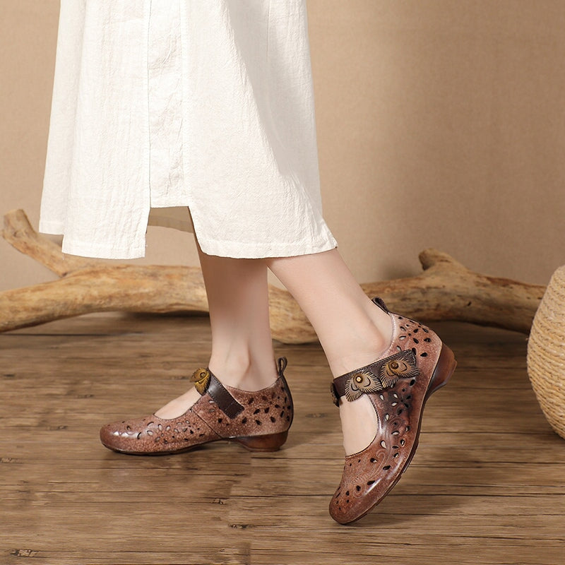 Handmade Retro Genuine Leather Mary Jane Shoes with Floral Cutouts in Grey/Coffee