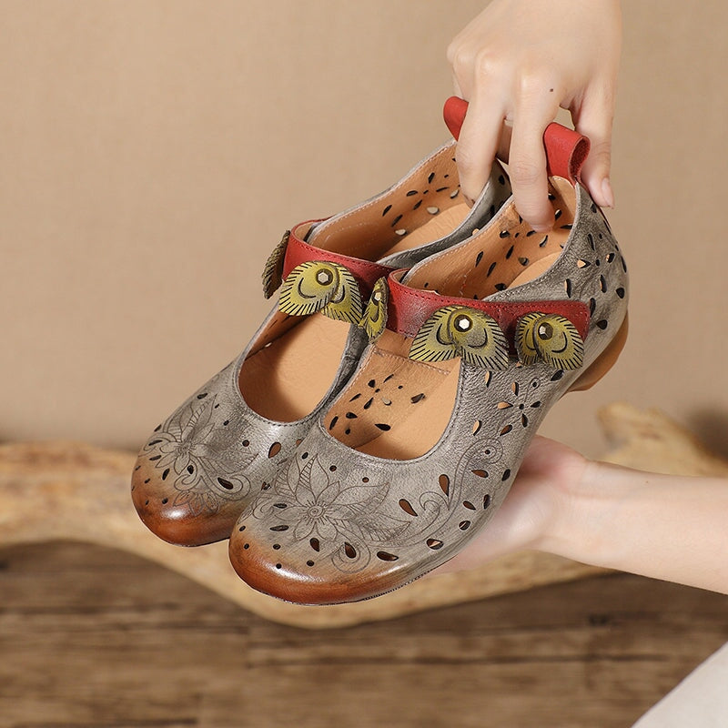 Handmade Retro Genuine Leather Mary Jane Shoes with Floral Cutouts in Grey/Coffee