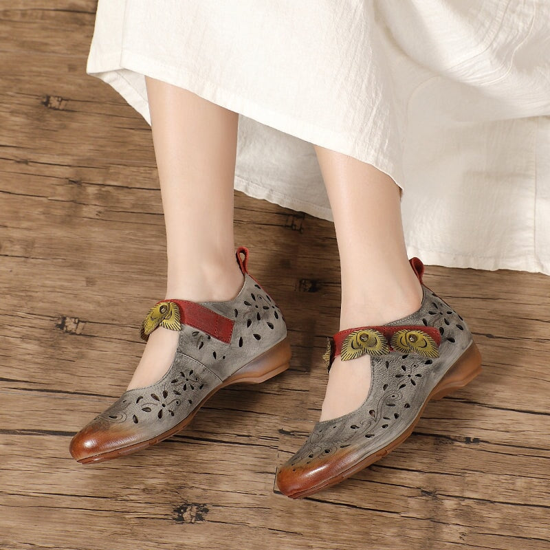 Handmade Retro Genuine Leather Mary Jane Shoes with Floral Cutouts in Grey/Coffee