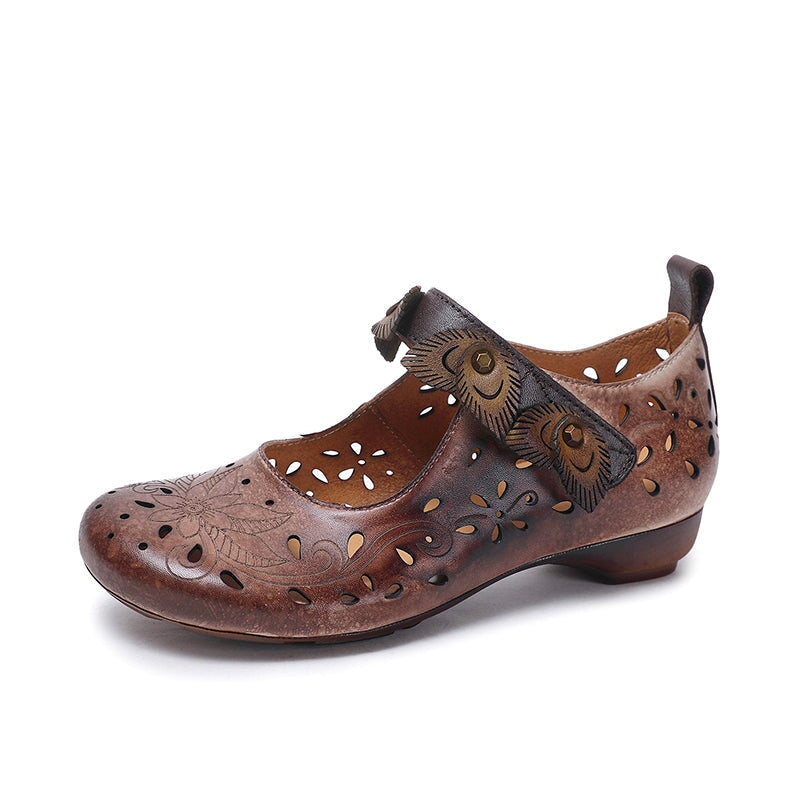 Handmade Retro Genuine Leather Mary Jane Shoes with Floral Cutouts in Grey/Coffee