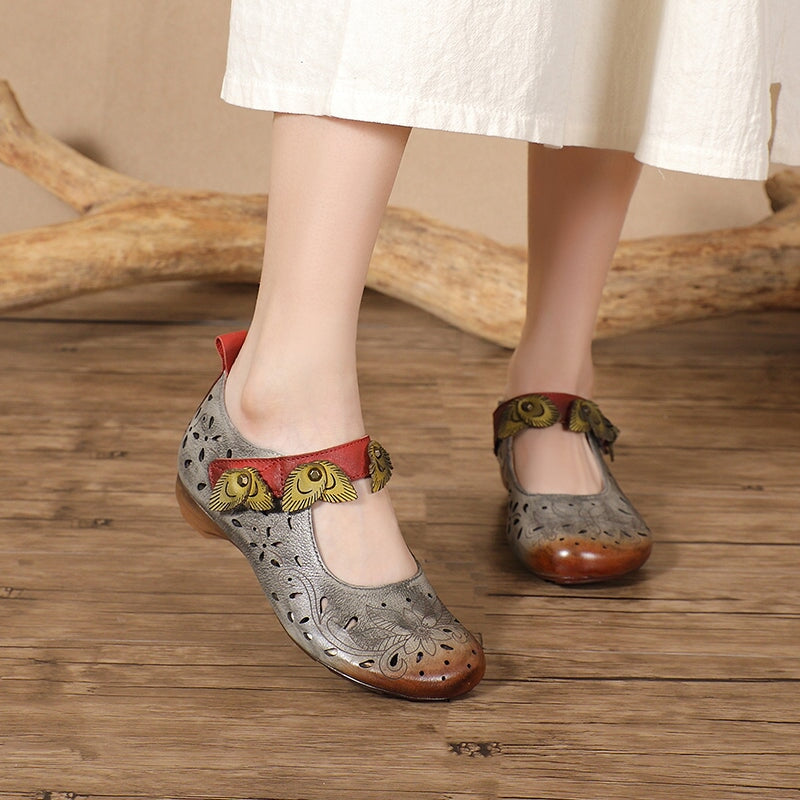 Handmade Retro Genuine Leather Mary Jane Shoes with Floral Cutouts in Grey/Coffee