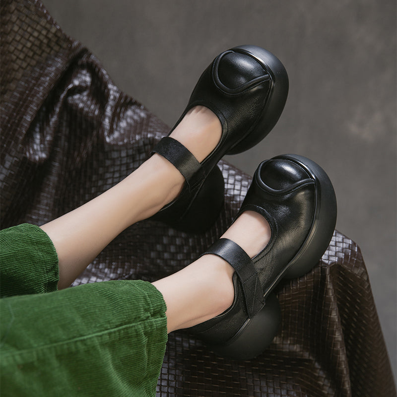 Handmade Retro Mary Jane Platform Pumps Chunky Leather Velcro Strap Shoes for Women in Black/Coffee
