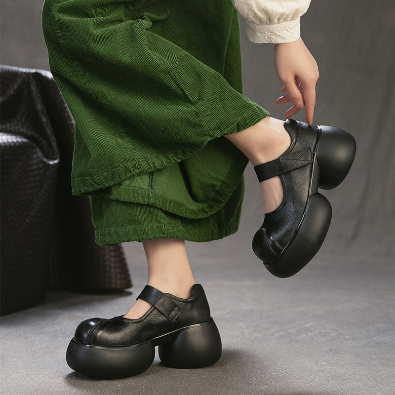 Handmade Retro Mary Jane Platform Pumps Chunky Leather Velcro Strap Shoes for Women in Black/Coffee