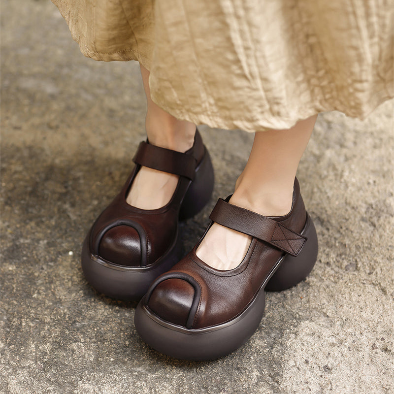 Handmade Retro Mary Jane Platform Pumps Chunky Leather Velcro Strap Shoes for Women in Black/Coffee