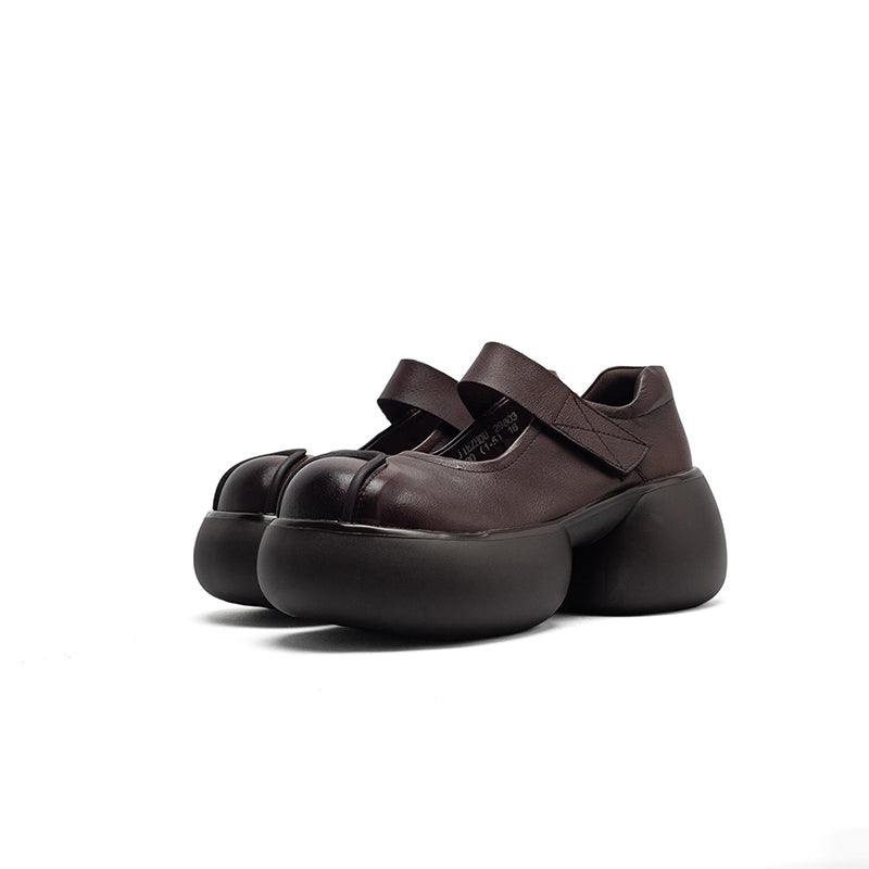Handmade Retro Mary Jane Platform Pumps Chunky Leather Velcro Strap Shoes for Women in Black/Coffee