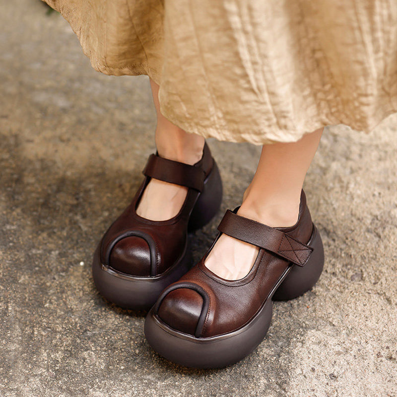 Handmade Retro Mary Jane Platform Pumps Chunky Leather Velcro Strap Shoes for Women in Black/Coffee