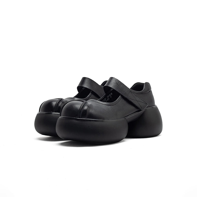Handmade Retro Mary Jane Platform Pumps Chunky Leather Velcro Strap Shoes for Women in Black/Coffee