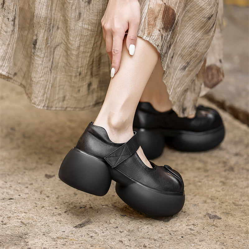 Handmade Retro Mary Jane Platform Pumps Chunky Leather Velcro Strap Shoes for Women in Black/Coffee