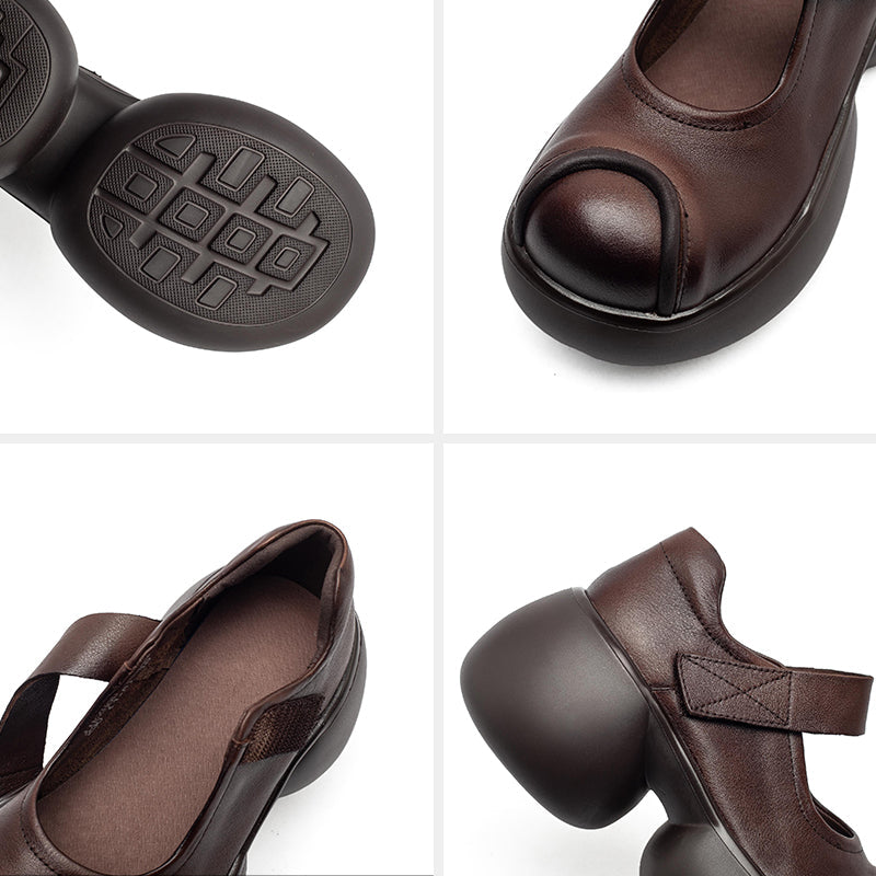 Handmade Retro Mary Jane Platform Pumps Chunky Leather Velcro Strap Shoes for Women in Black/Coffee
