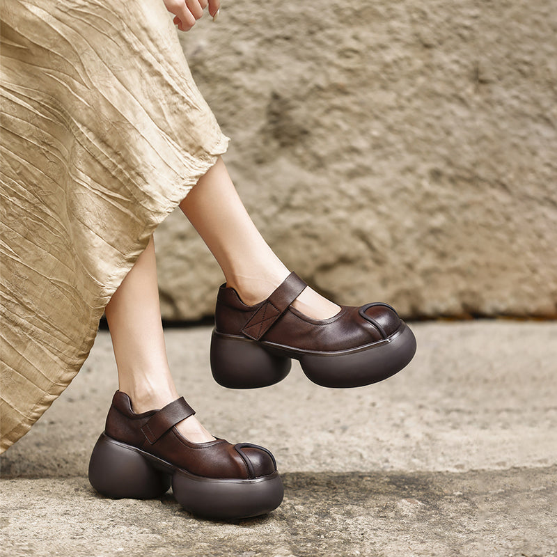 Handmade Retro Mary Jane Platform Pumps Chunky Leather Velcro Strap Shoes for Women in Black/Coffee