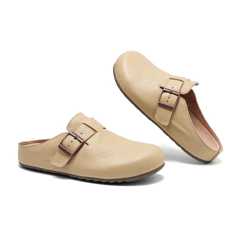 Handmade Soft Leather Clog Slippers Casual Comfort Mule in Beige/Yellow Brown/Light Khaki