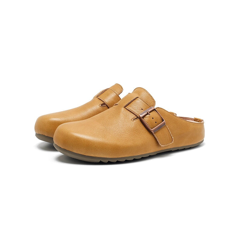 Handmade Soft Leather Clog Slippers Casual Comfort Mule in Beige/Yellow Brown/Light Khaki