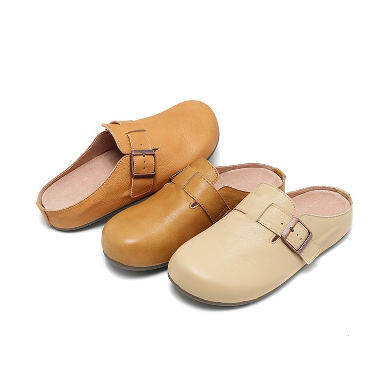 Handmade Soft Leather Clog Slippers Casual Comfort Mule in Beige/Yellow Brown/Light Khaki
