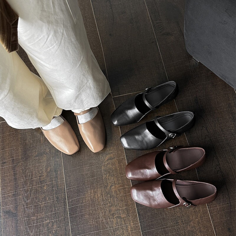 Handmade Soft Leather Square Toe Mary Jane Flats in Black/Brown/Apricot