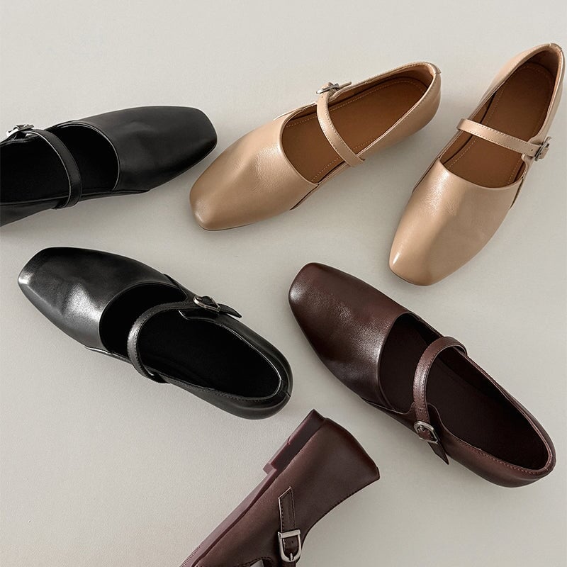 Handmade Soft Leather Square Toe Mary Jane Flats in Black/Brown/Apricot