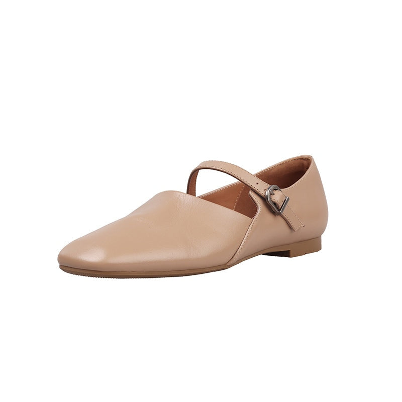 Handmade Soft Leather Square Toe Mary Jane Flats in Black/Brown/Apricot
