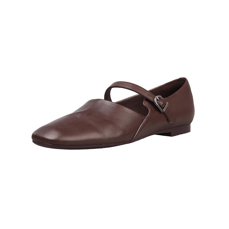 Handmade Soft Leather Square Toe Mary Jane Flats in Black/Brown/Apricot