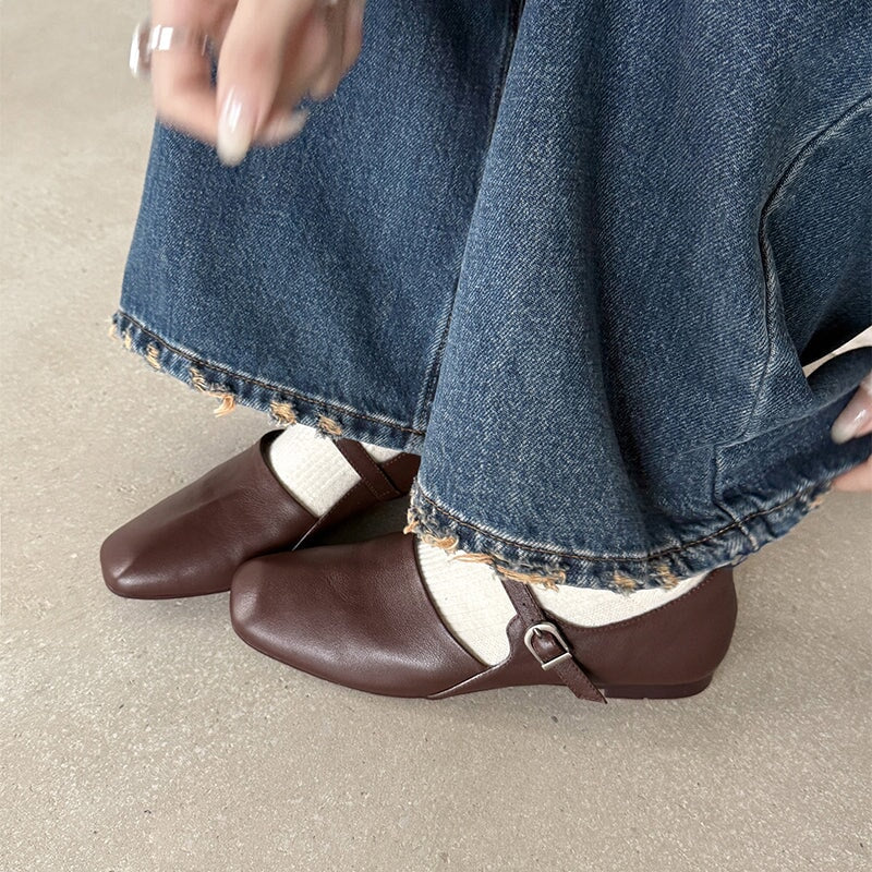 Handmade Soft Leather Square Toe Mary Jane Flats in Black/Brown/Apricot