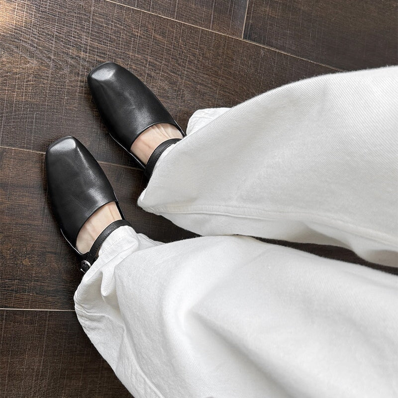 Handmade Soft Leather Square Toe Mary Jane Flats in Black/Brown/Apricot
