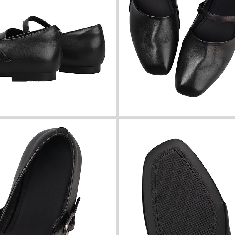 Handmade Soft Leather Square Toe Mary Jane Flats in Black/Brown/Apricot