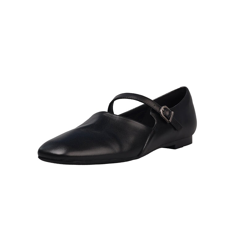 Handmade Soft Leather Square Toe Mary Jane Flats in Black/Brown/Apricot