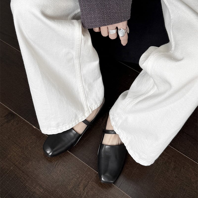 Handmade Soft Leather Square Toe Mary Jane Flats in Black/Brown/Apricot