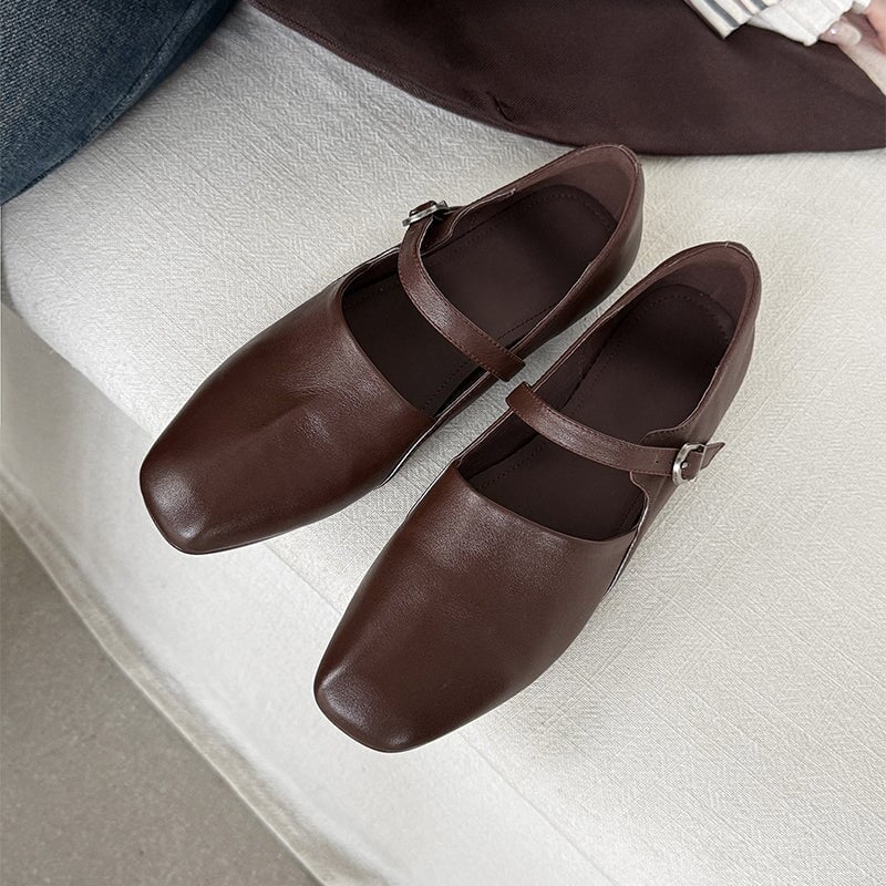 Handmade Soft Leather Square Toe Mary Jane Flats in Black/Brown/Apricot