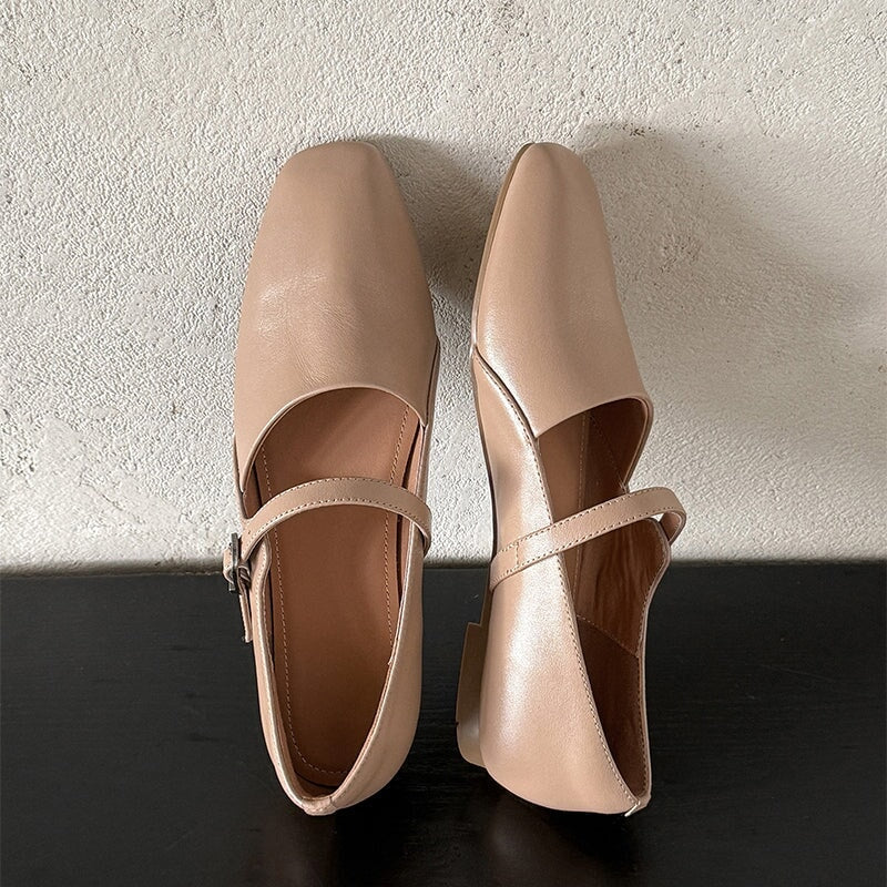 Handmade Soft Leather Square Toe Mary Jane Flats in Black/Brown/Apricot