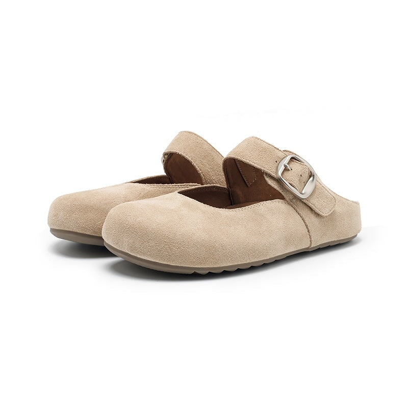 Handmade Soft Suede Leather Buckle Clog Slippers in Pink/Green/Apricot