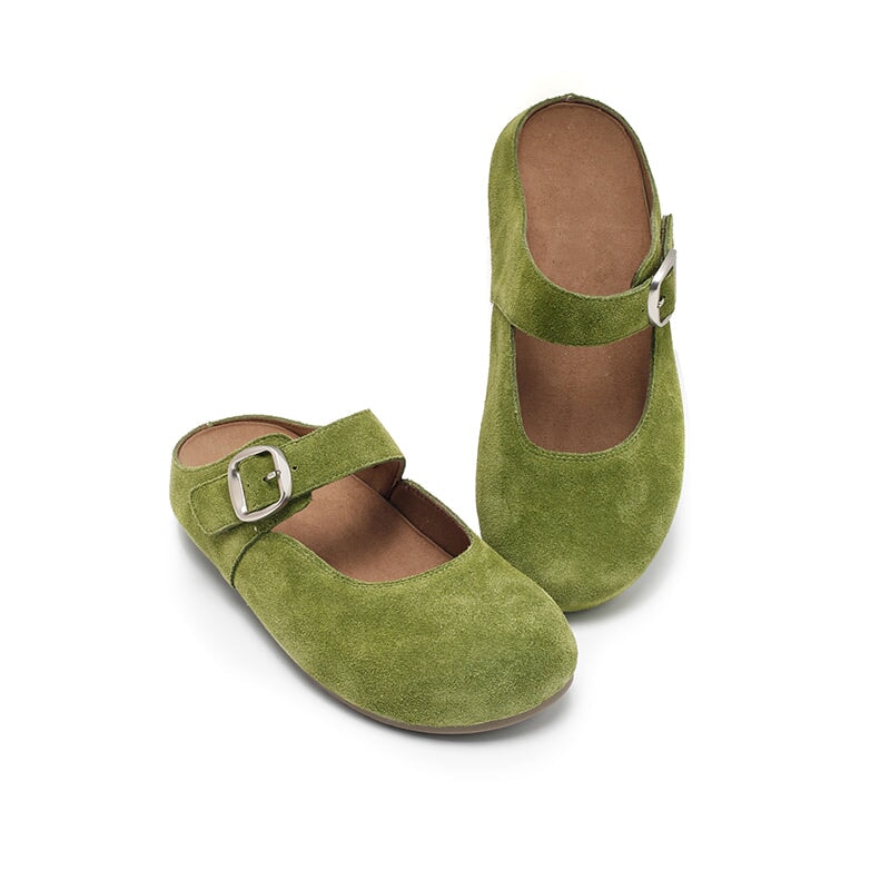 Handmade Soft Suede Leather Buckle Clog Slippers in Pink/Green/Apricot