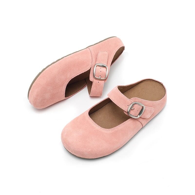 Handmade Soft Suede Leather Buckle Clog Slippers in Pink/Green/Apricot