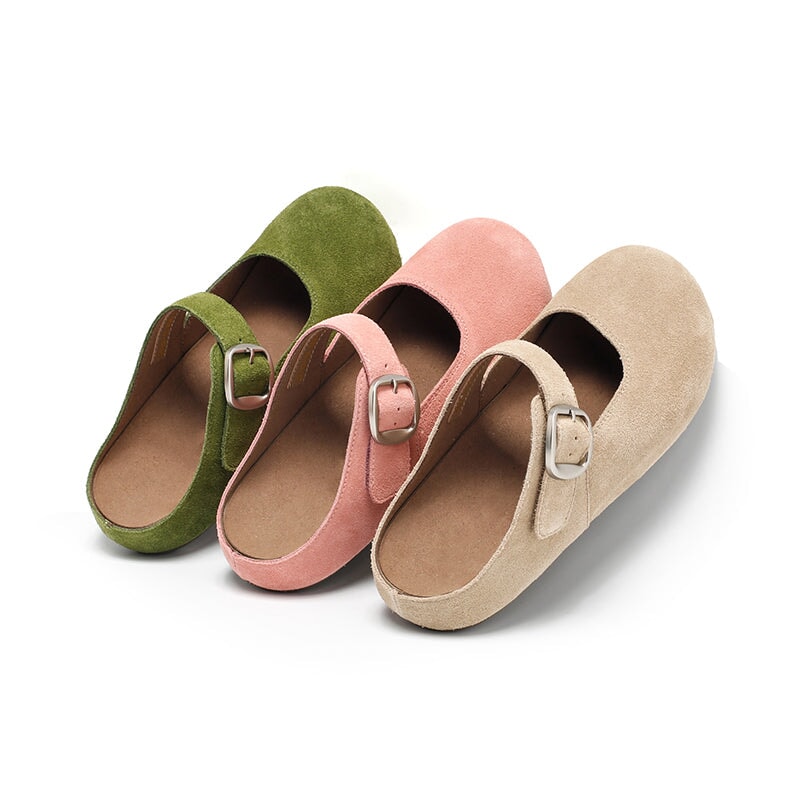 Handmade Soft Suede Leather Buckle Clog Slippers in Pink/Green/Apricot