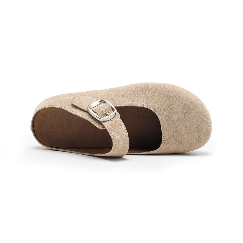 Handmade Soft Suede Leather Buckle Clog Slippers in Pink/Green/Apricot