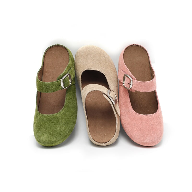 Handmade Soft Suede Leather Buckle Clog Slippers in Pink/Green/Apricot